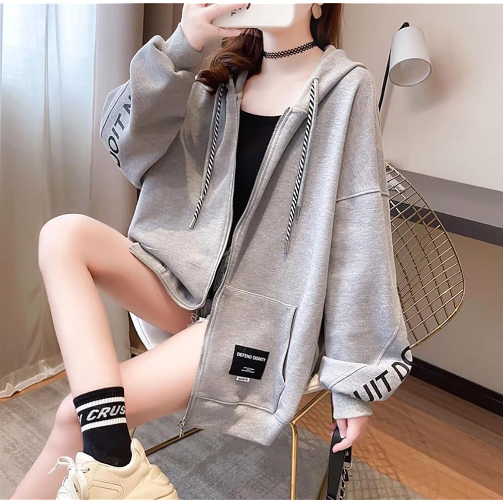[MMTYRM] Zip Up Women's Sweatshirt Hoodie Loose Hooded Outerwear Sweatshirt Casual Zip Up Hoodie Women's Fashion Autumn Outerwear Korean Style Harajuku Style
