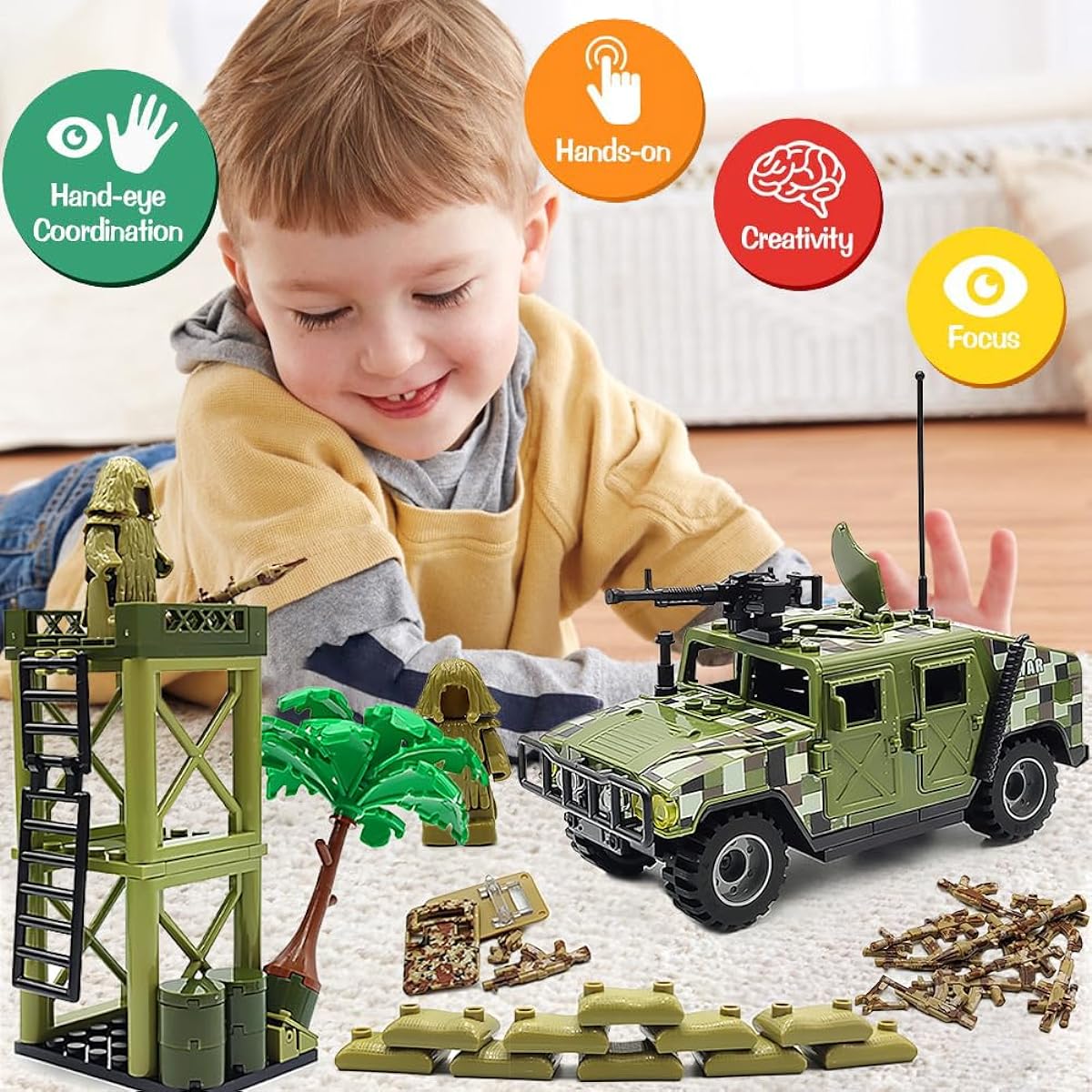 DSPITWOD Military Toy Model Car Guard Tower Weapon Pack Building Blocks Toy Compatible with Mini Figure Brick Toys for Boys 6-12 Years Old (173 Pieces)