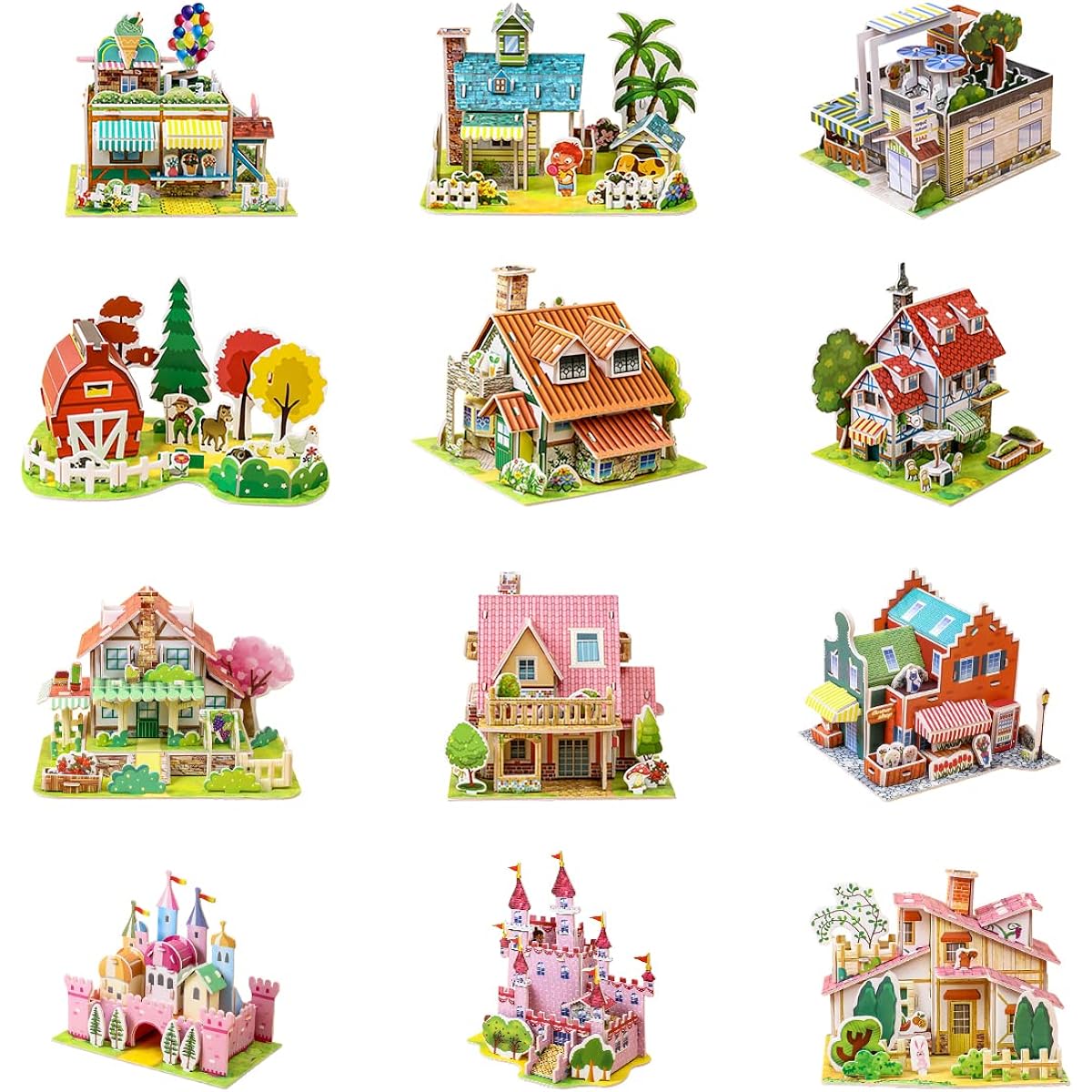 KEENTAME 3D Puzzle Gift Set for Kids DIY Jigsaw Puzzle Paper and EPS Foam Board for Adults Fun and Creative DIY Model Building Kits for Girls and Boys (House Series (12 Sets))