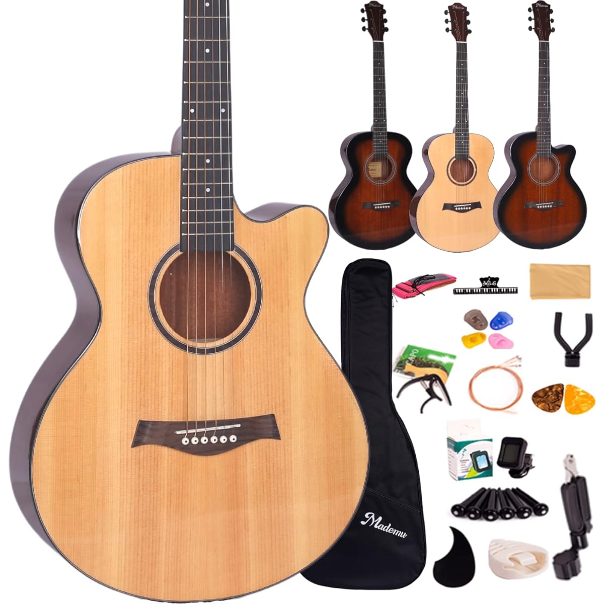 Mademu Solid Mahogany Acoustic Guitar, Folk Type, Beginner Acoustic Guitar Set, 10 Piece Set, Embroidered Guitar Pack with Capo Tast (Single Cedar to Cutaway)