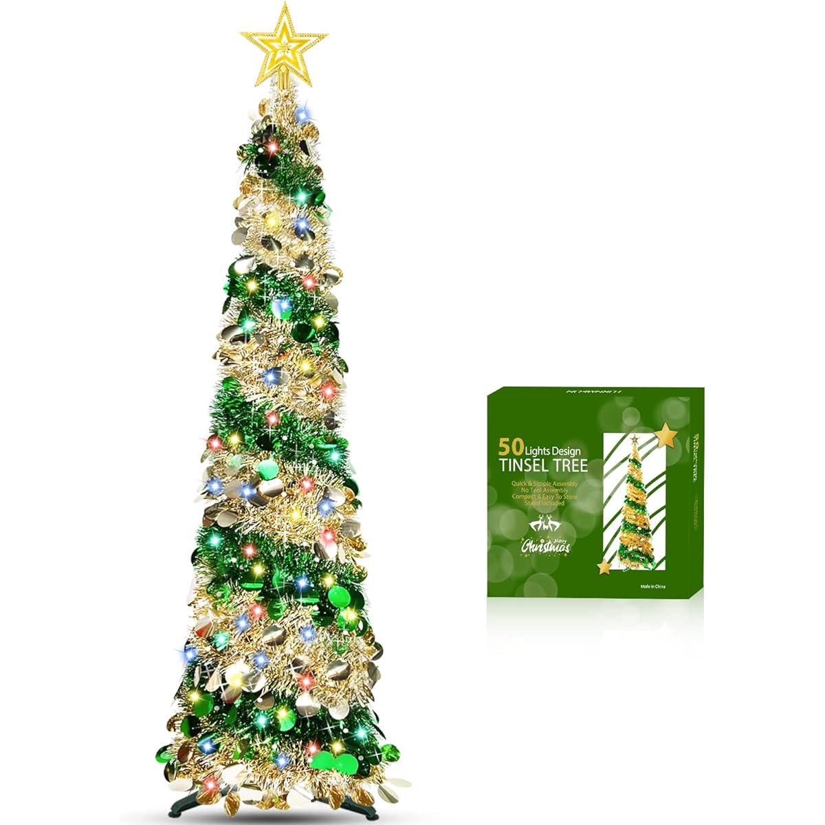 TURNMEON 5ft Tinsel Lighted Christmas Tree with Timer and 50 Color Lights - Golden
