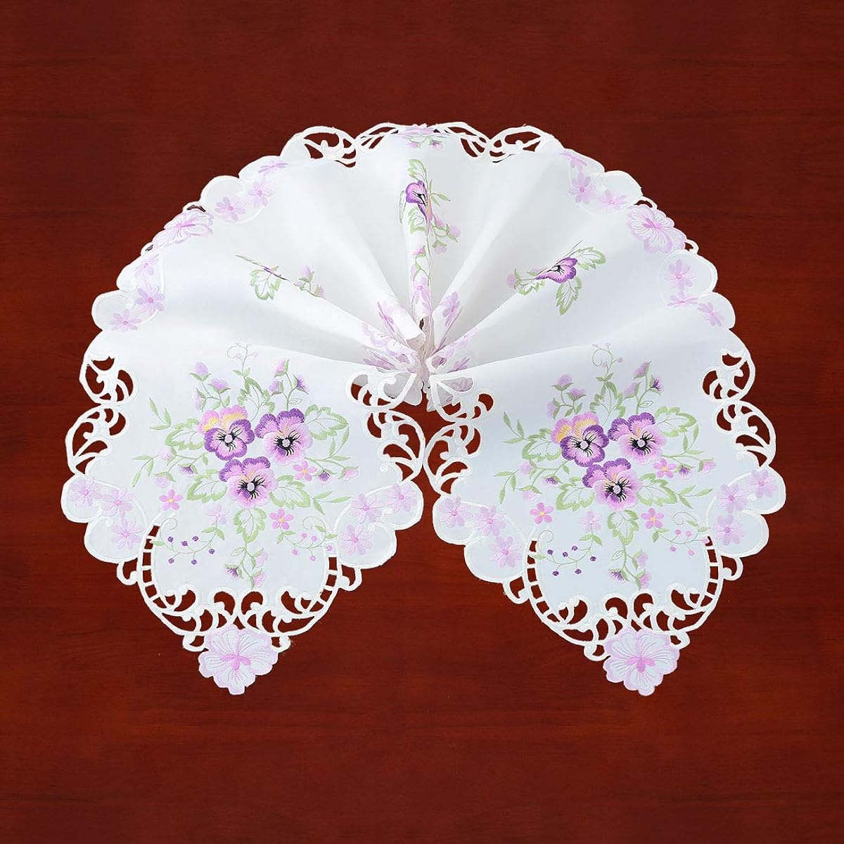 Simhomsen Floral Table Runner with Purple Pansy Flowers Embroidered on a Cream Background (14 x 107 Inch)