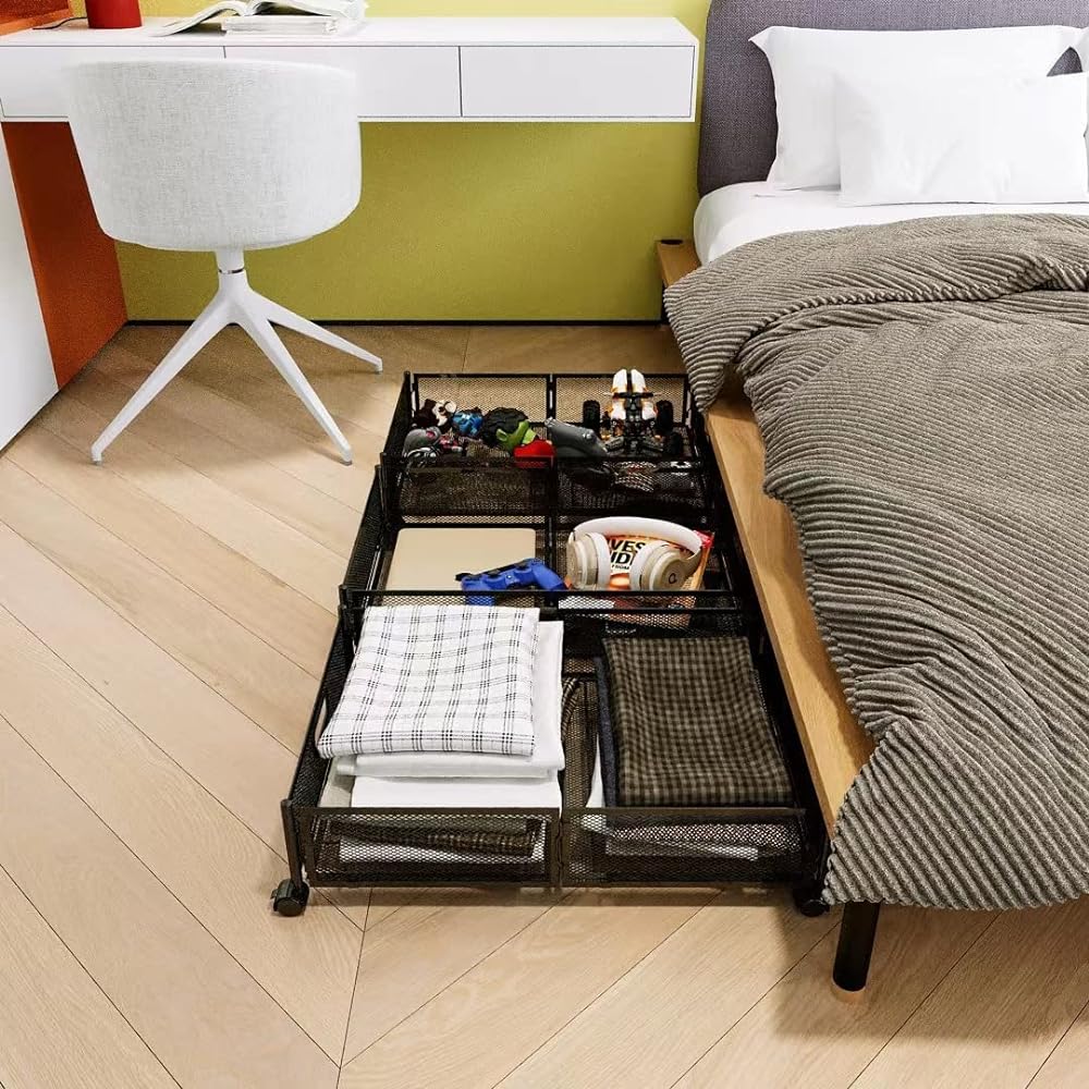 Absdefen Under-bed Storage Box with Roller, Clothes Storage Rack, Foldable, Thin, Large Capacity, Storage Box, Storage Case, Futon Bag, Books, Miscellaneous Goods, Futon, Blankets, Nursing Care Items, Clothes Storage, Space Utilization, Set of 2 (Black)