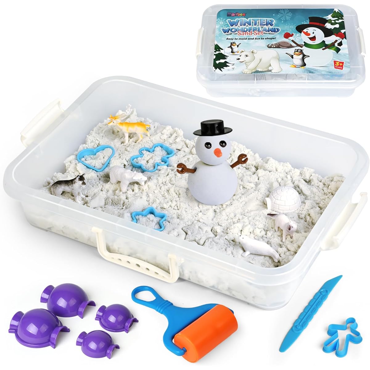Madzee Winter Wonderland Snow Sand Playset Creativity Toy Sensory Bin with Arctic Animal Figures, 2lb Sand and Snowman Mold for Boys Girls Kids Toddlers 3-8 Years Old, MT7490, White