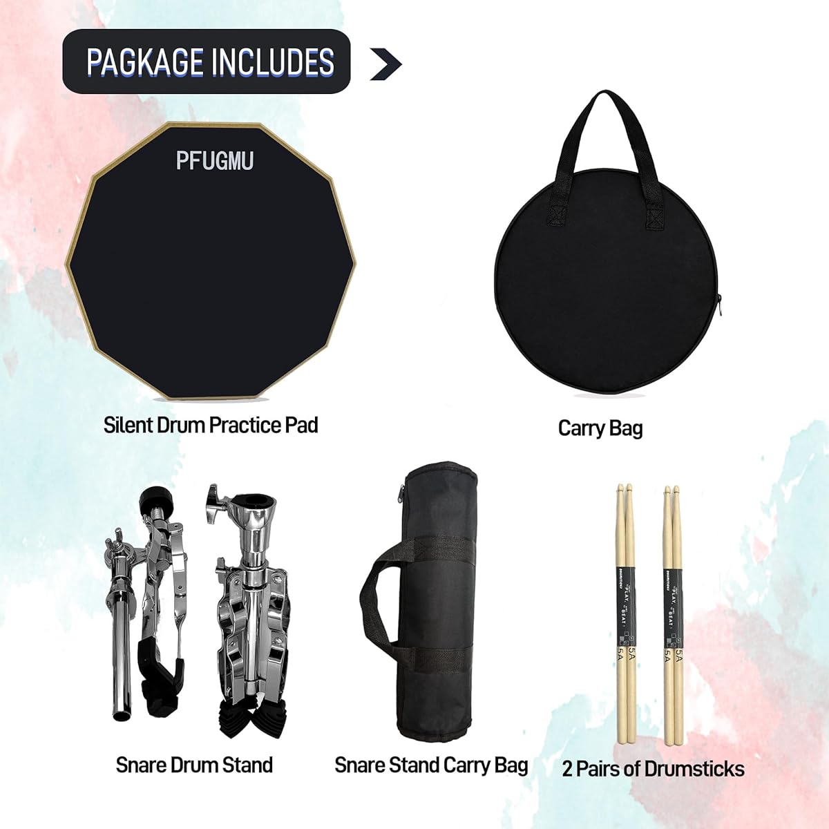 PFUGMU Practice Drum Pad Stand Kit, 11" Silicone Silent Drum Pad with Adjustable Snare Drum Stand, 5A Drumsticks & Carry Bag, Black