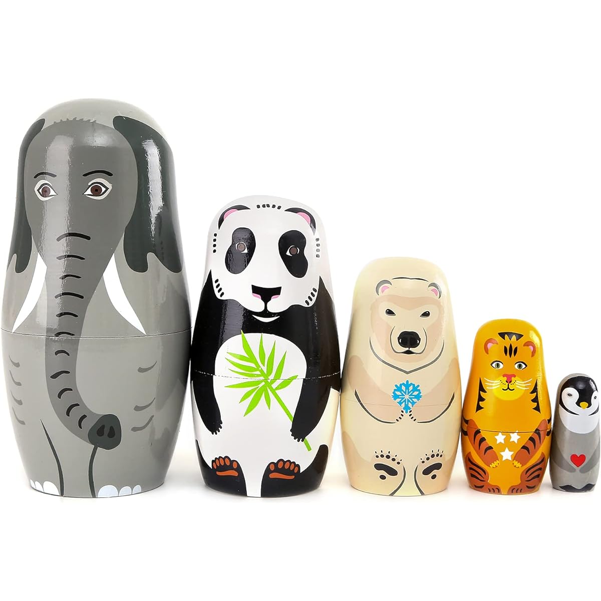 Moonmo 5pcs Handmade Wooden Animal Nesting Dolls Elephant and Panda Traditional Russian Matryoshka Gift