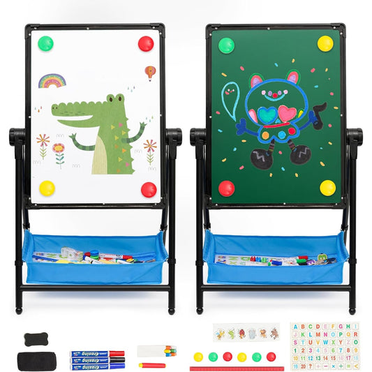 Kids Easel with Paper Rolls Kids Easel with Extra Letters and Numbers Adjustable Double Sided Whiteboard & Chalkboard Standing Easel Kids Art Easel Boys Girls