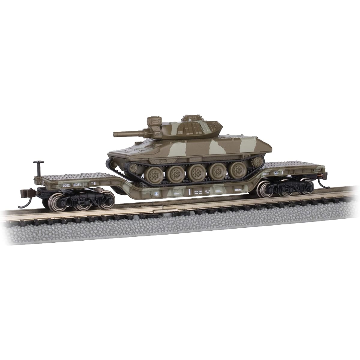 Bachmann Trains - 52' Center Depressed Flat Car with Sheridan Tank - Green Camo - N Scale