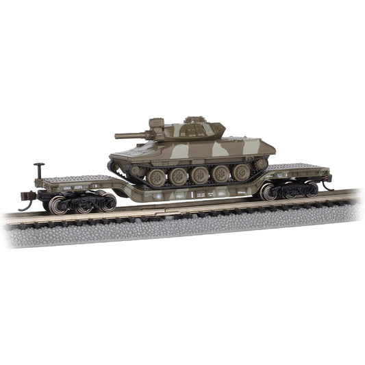 Bachmann Trains - 52' Center Depressed Flat Car with Sheridan Tank - Green Camo - N Scale