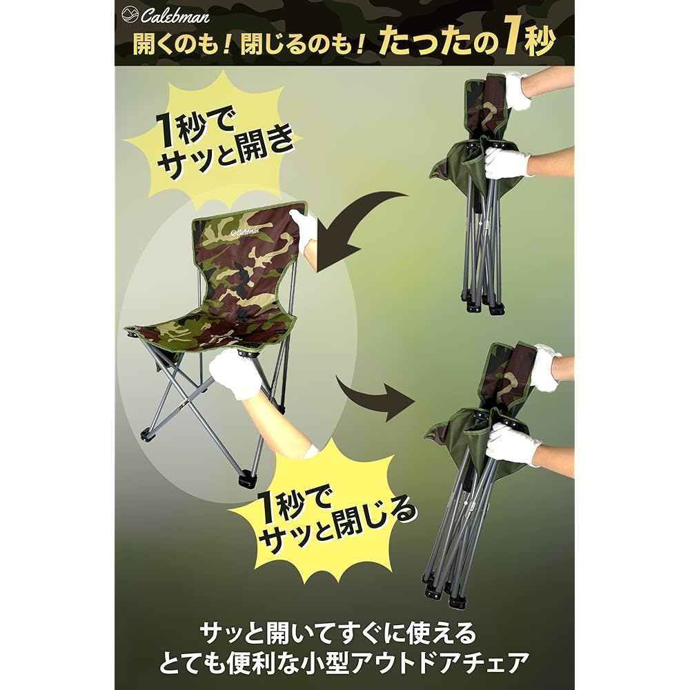 Calebman Outdoor Chair, Foldable [Open/Close in 1 Second] Ultra-lightweight, Compact Chair, Load Capacity 150kg, Includes Pocket, Backrest, Storage Bag, Convenient for Fishing, Climbing, Portable, Camping Chair (Black)