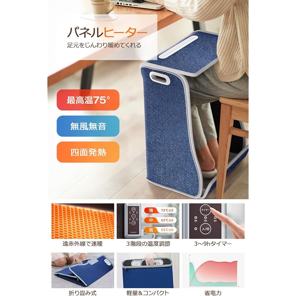 Far Infrared Panel Heater, Far Infrared Panel Heater, Foot Heater, Foldable, 3-Level Temperature Adjustment, Maximum Temperature 175°F (75°C), Windless Noise, Four Sides Heating, Energy Saving, Timer,