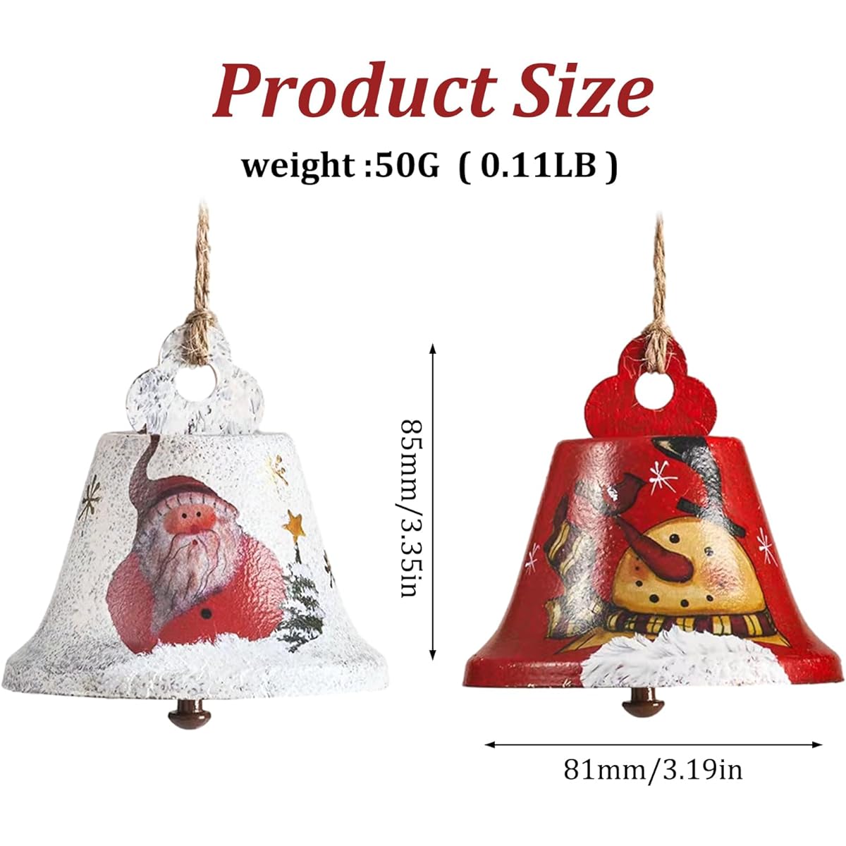 Mataura Christmas Bells, Large Metal Decorative Jingle Bells with Hanging Rope, Hand-Painted Snowman and Santa Claus Decorations for Christmas Trees, Wreaths, Windows, Mantles and More (2 Pack)