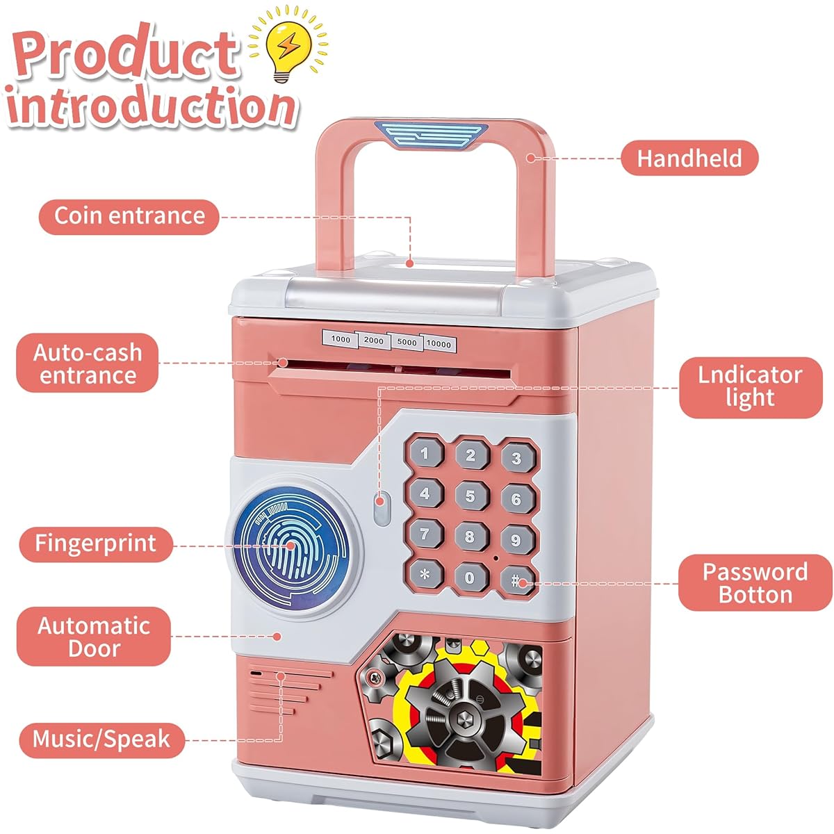 KIDAMI Electronic Piggy Bank Large Children's Safe Children's ATM with Fingerprint Password Automatic Handbag/Door Opening Musical Birthday Gift for Boys and Girls (Pink)