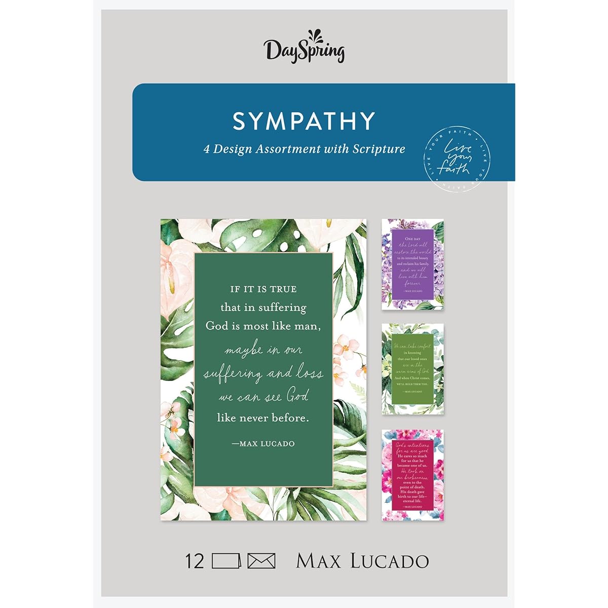 DaySpring – Max Lucado with Sympathy – Assorted 4 Botanical Designs with Bible – 12 Sympathy Boxed Cards & Envelopes (J9180)