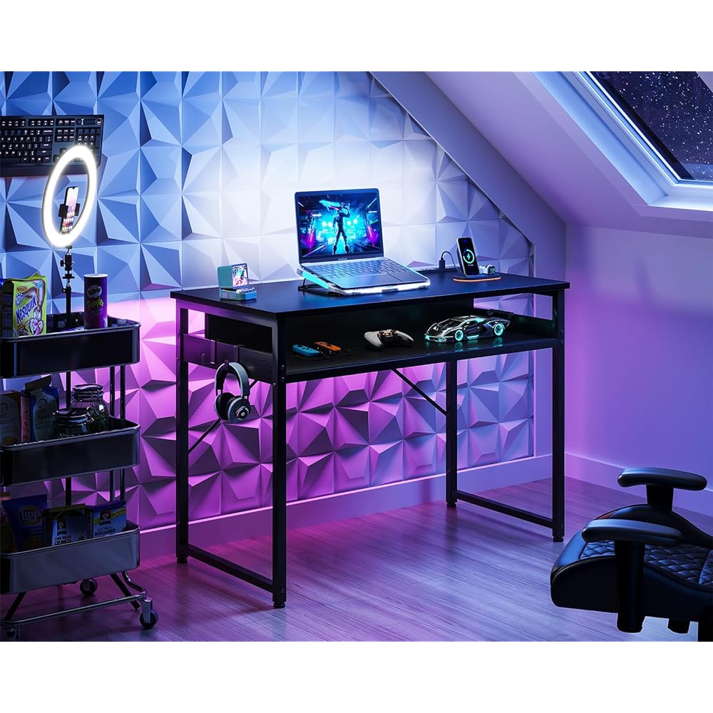 ODK Desk PC Desk Computer Desk Width 80cm Gaming Desk with Storage and Outlet Study Desk Computer Desk Box Work Desk with 2 Hooks Compact for Telework Space Saving Easy Assembly Black
