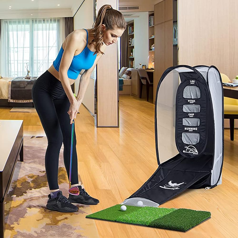 Golf net practice indoor/outdoor return type approach practice net set with lawn mat, golf ball, golf tee, and practice target