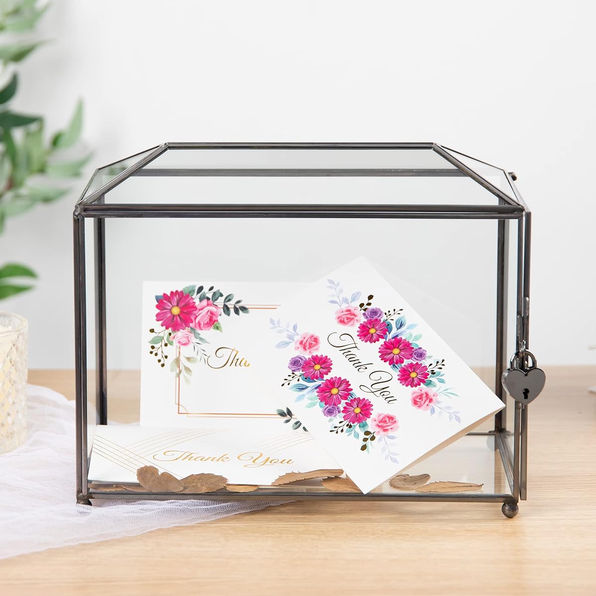 WHSLILR 12.6 Inch Glass Card Box Wedding Card Box with Lock Wedding Reception Cosmetic Home Decoration Handmade Large Geometric Terrarium Hinged Lid Brass Frame - (Black/Roof)
