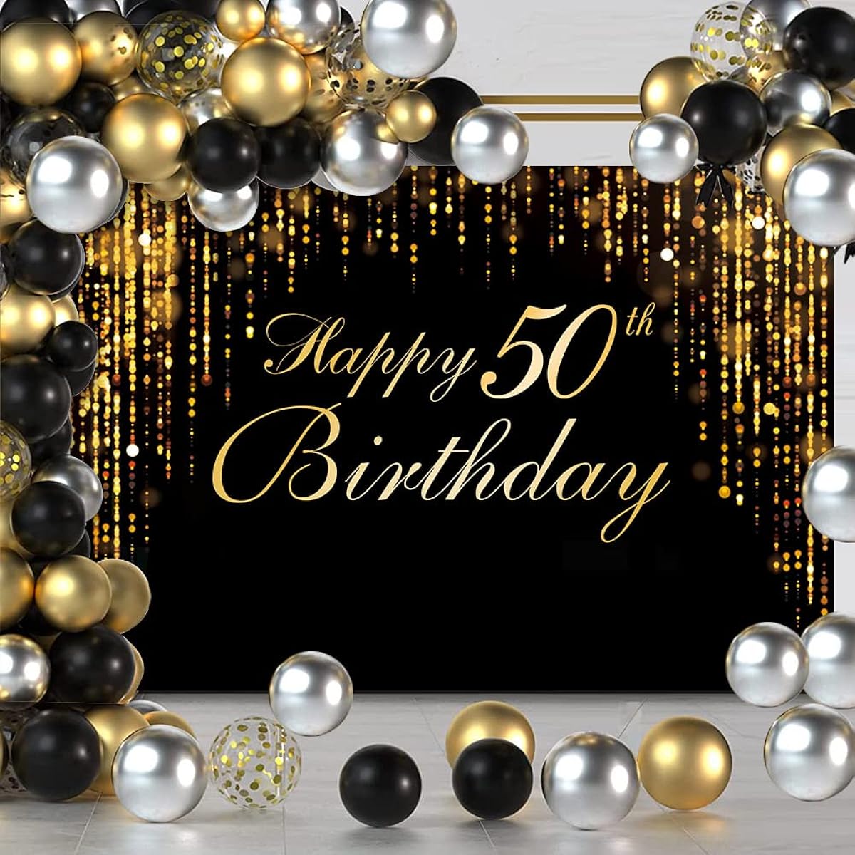 Happy 50th Birthday Party Decorations Backdrop Black Gold Glitter Bokeh Dots Birthday Party Photo Background Cake Table Banner Oversized Wall Decor Props Party Decorations Supplies(73" x 50")