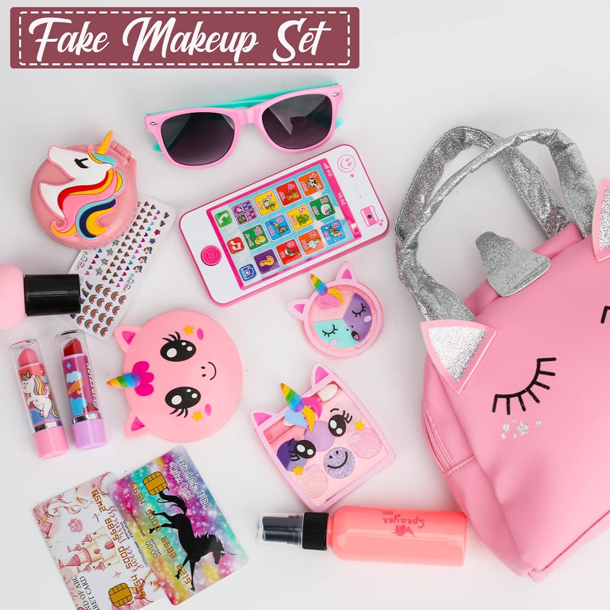 Pretend Play Wallet Little Girl Toys - Fake Cosmetics for Toddlers with Girl's Wallet Pretend Play Girl Toys for 3 4 5 6 Years Old Toddler Wallet Fake Kids Phone Birthday Gifts for Girls