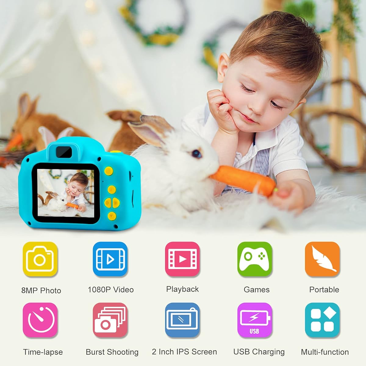 32G memory card included Digital camera for kids 20MP 2.0 inch IPS screen Intelligent zoom Digital camera Toy camera Camera for kids Photo video continuous shooting Screen Cute Silicone case Kids gift