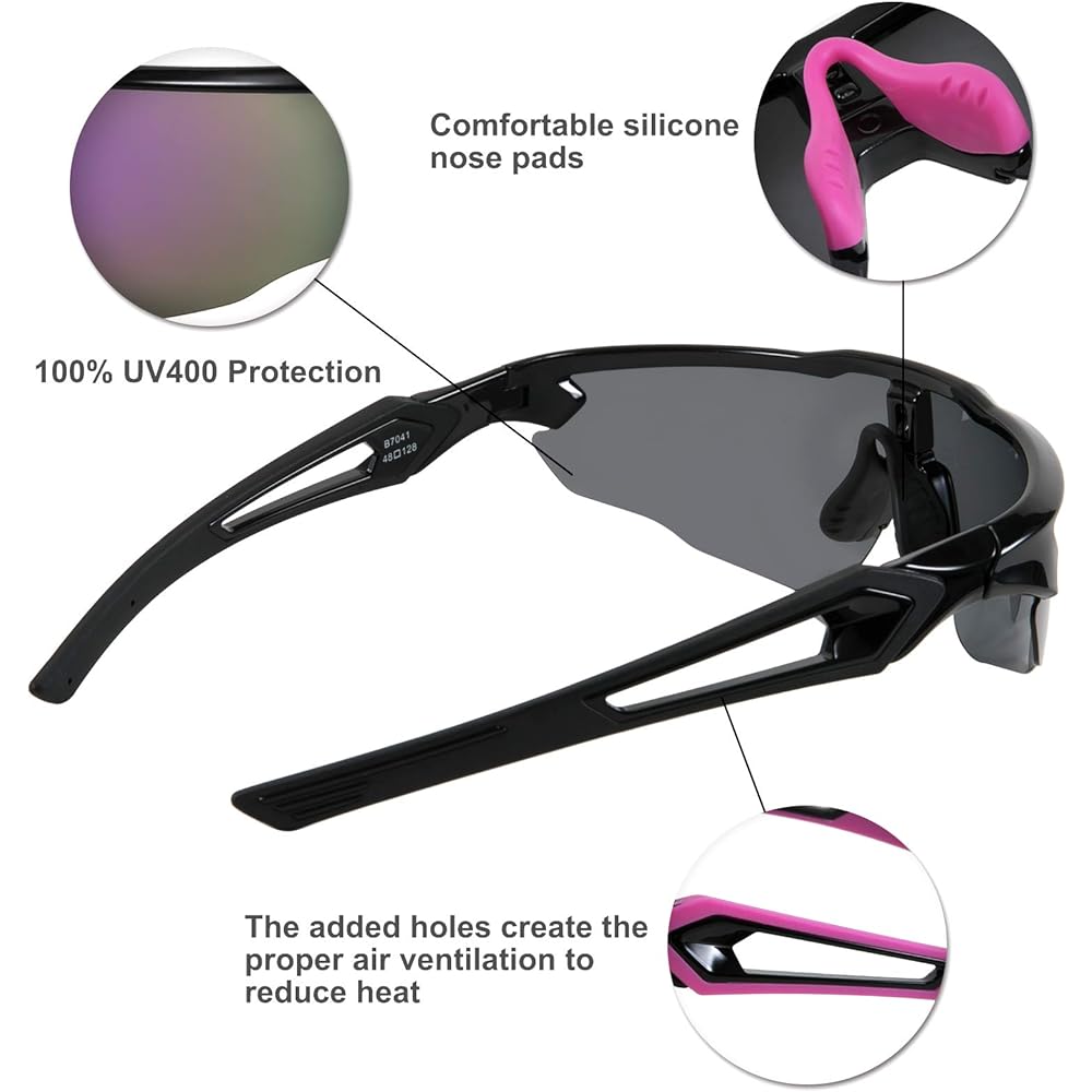 [Karsaer] TR90 Sports Sunglasses, Polarized Riding Sunglasses, MTB/Fishing, Baseball, Bicycle, UV Protection, 4 Lenses Included B7053