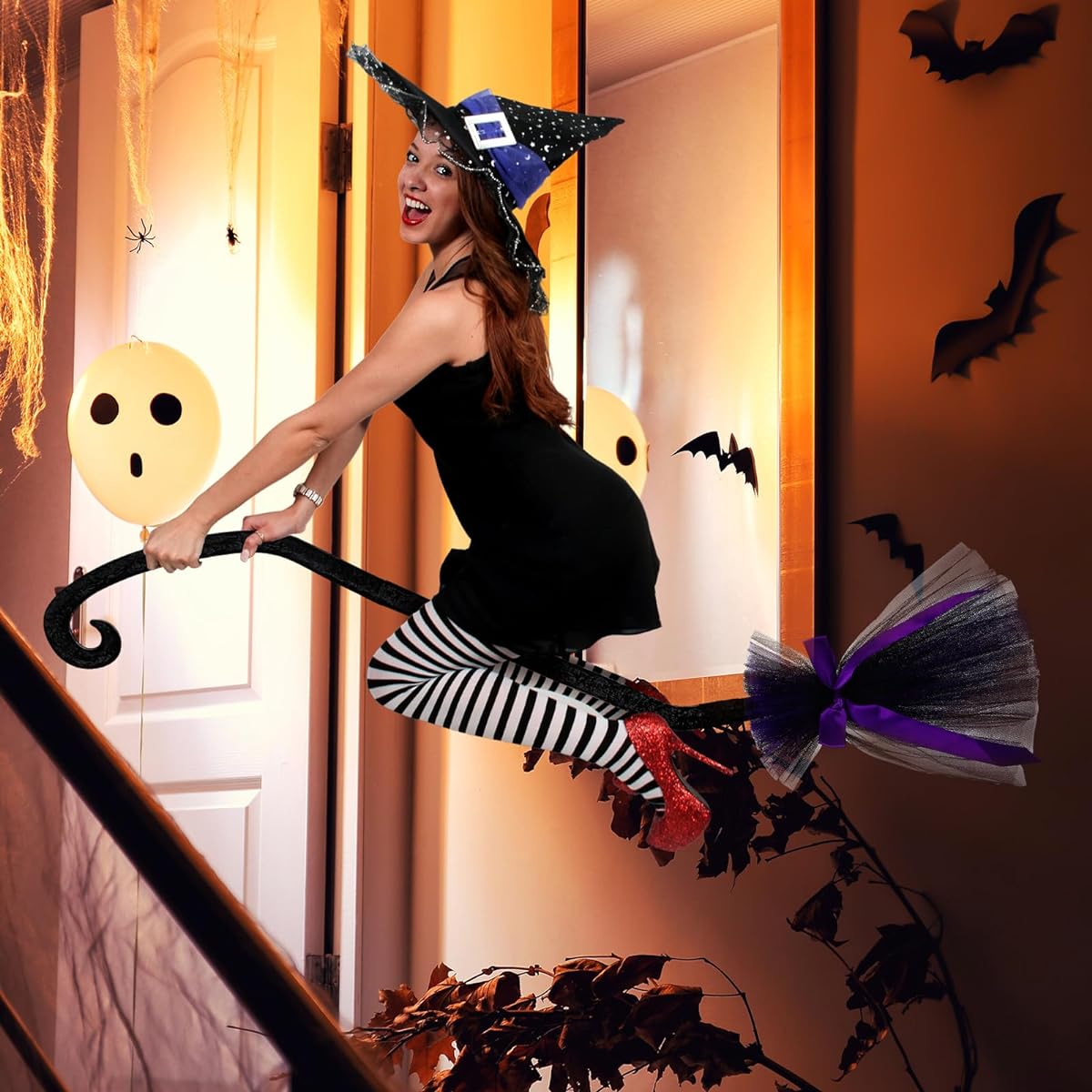 Lenwen 3pcs Halloween Witch Broom with Ribbon Plastic Witch Broom Wicked Witch Decoration Props Witch Accessories Women Girls Cosplay Party Costume Photo Booth (Black, Purple, Orange)