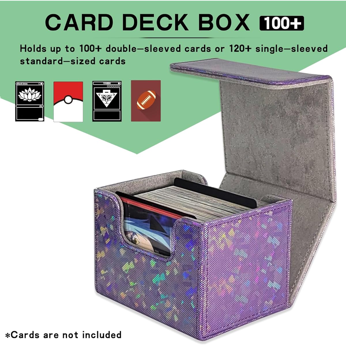 Dmoicols Card Deck Box, Holds 100+ Single Sleeved Cards, Laser Sparkly Material, Card Storage Box, Horizontal MTG Commander Deck Box with 2 Dividers for TCG CCG Magic Cards (Glitter Purple Pieces)