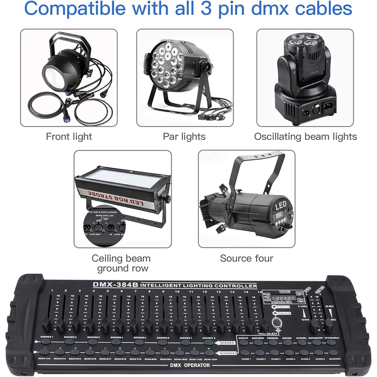 DMX Controller 384 Channel Fog DMX-512 DJ Controller Support 30 Banks 8 Scenes 24 Fixtures Stage Lighting Console Program Editing DJ Light Show Bar Club Live Christmas, ZQ12007