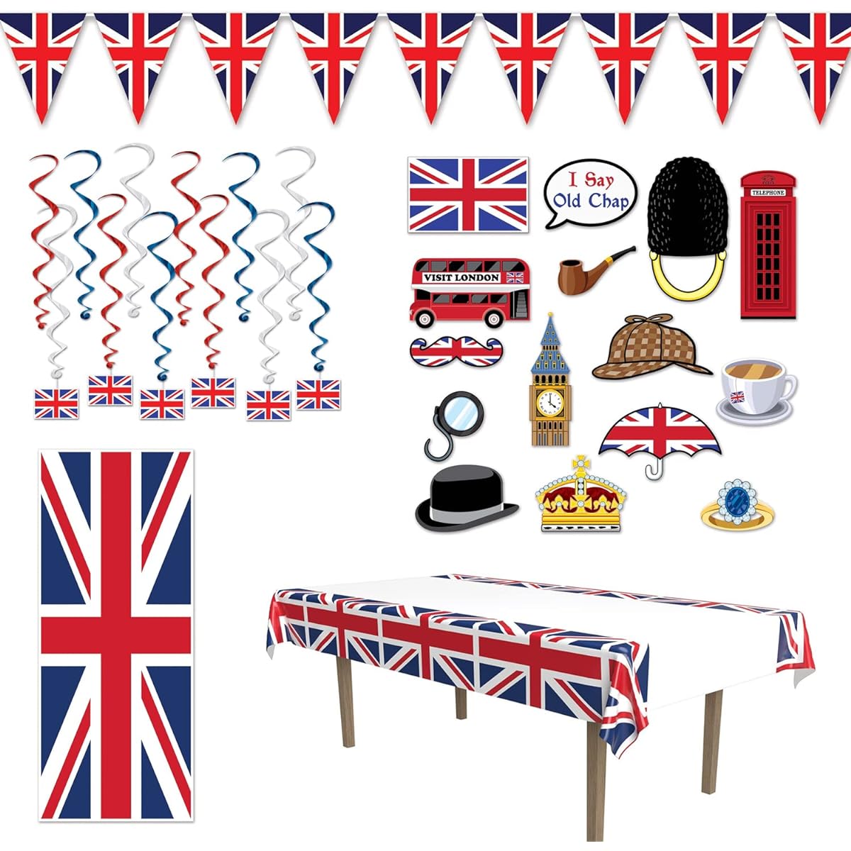Britain UK Party Decorations Set of 30 Table Covers Banners Door Covers Photos Fun Signs Swaying Swirls