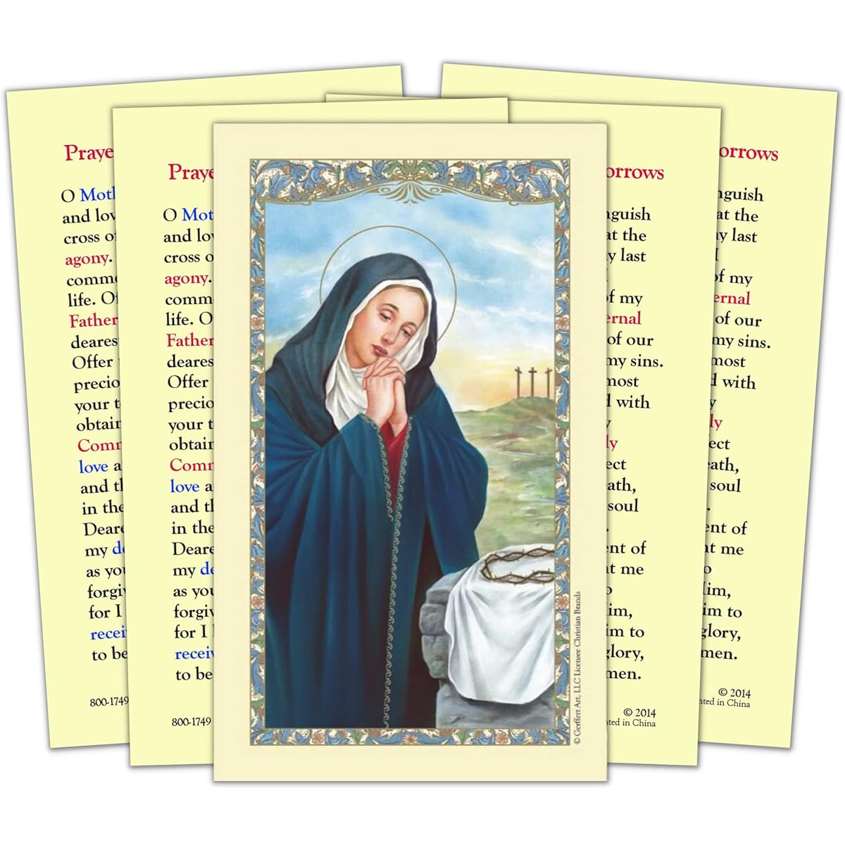 Needzo Holy Prayer Cards, Our Lady of Sorrows Laminated Prayer Handouts or Catholic Keepsakes, 2.625 x 4.375 Inch (Pack of 5)