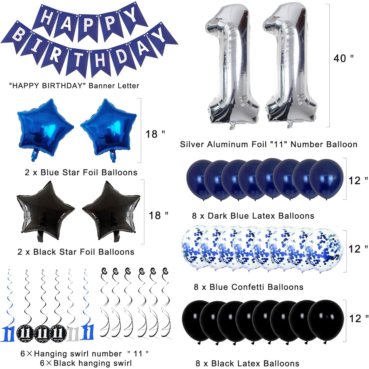 11th Birthday Decorations for Boys Girls - Blue Birthday Decorations for Teenagers Kids Party Supplies Kit with Happy Birthday Banner Balloons for Birthday Party - 11th Birthday Decorations