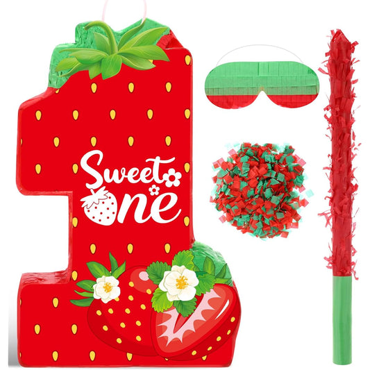 Aoriher Summer Number Pinata Strawberry Birthday Pinata Sweet Ice Cream Pinata with Stick Blindfold Confetti for Girls Summer Theme Birthday Baby Shower Party Game Supplies Decoration