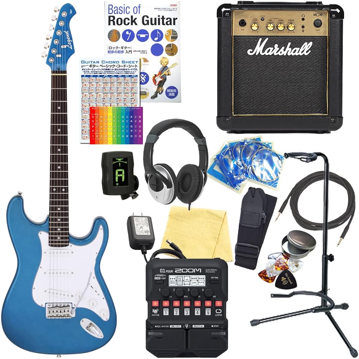 Electric guitar beginner set, Stratocaster type, 18-piece set with Marshall amp, Legend LST-Z MBMB [ZOOM G1Four multi-effector included]