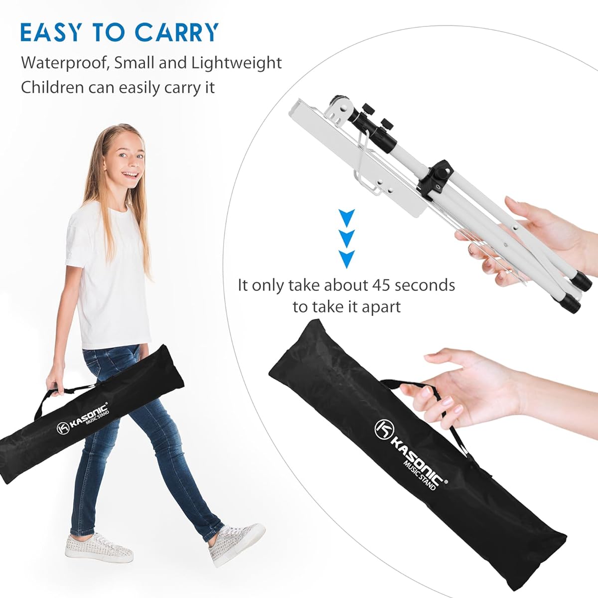 K KASONIC - Music Stand 2-in-1 Dual Use Folding Music Score & Desktop Book Stand Portable Lightweight with Music Clip Holder & Carry Bag Perfect for Musical Instrument Playing White
