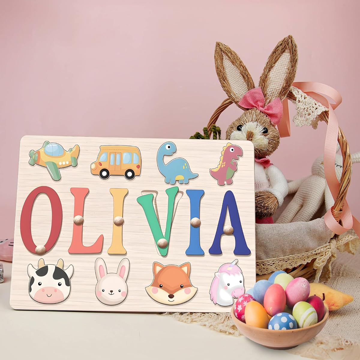 AUMUKO Kids Name Puzzle, Personalized Wooden Name Puzzle for Toddlers Ages 1-3 with Engraved Text on Back, Christmas 1st Birthday Gift for Baby Girls Boys Toddlers Learning Toys