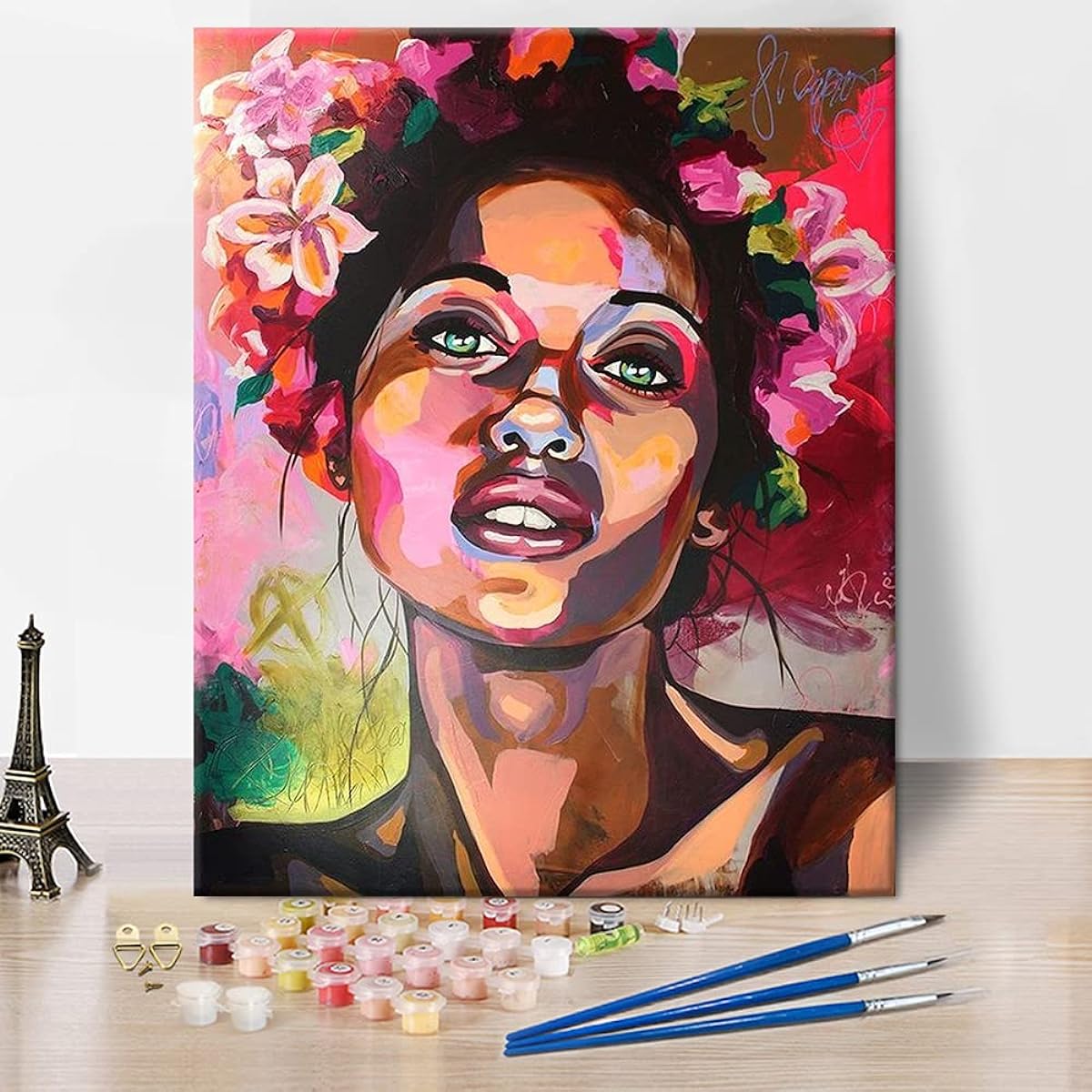 Paint by Numbers Canvas DIY Oil Painting for Kids/Students/Adults/Beginners with Brushes and Acrylic Pigments - African American Woman Girl in a Wreath - 16"x20" with Frame