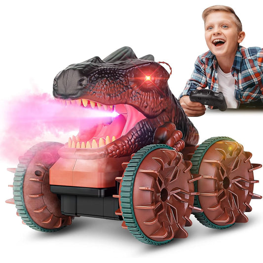 LELETAM Dinosaur Monster Truck for Boys 4-7 2.4Ghz Amphibious Remote Control Car with Light & Spray Function Waterproof RC Boat Summer Beach Pool Gift Dinosaur Toys for 3-5 8-12 Year Old Boys/Girls