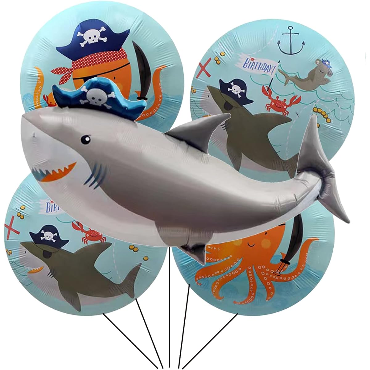 Shark Balloons, 18" Round Aluminum Foil Shark Balloons, Cute Splash Shark Balloons for Sea Animal Themed Party, Birthday, Baby Shower, 5pcs