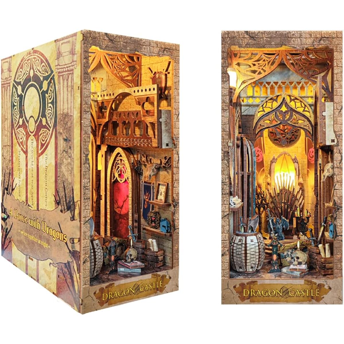 Book Nook Miniature Kit DIY Wooden Dollhouse Bookend for Bookshelf 3D Wooden Puzzle Bookend Model Assembly Kit with Sensor Light (Dragon)