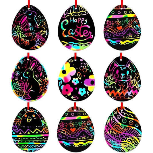 WhatSign Easter Crafts for Kids, 24pcs Magic Color Scratch Art Easter Egg Ornaments Decorations DIY Easter Craft Kit for Kids Party Favors, Easter Spring Classroom Home Activities Art Projects