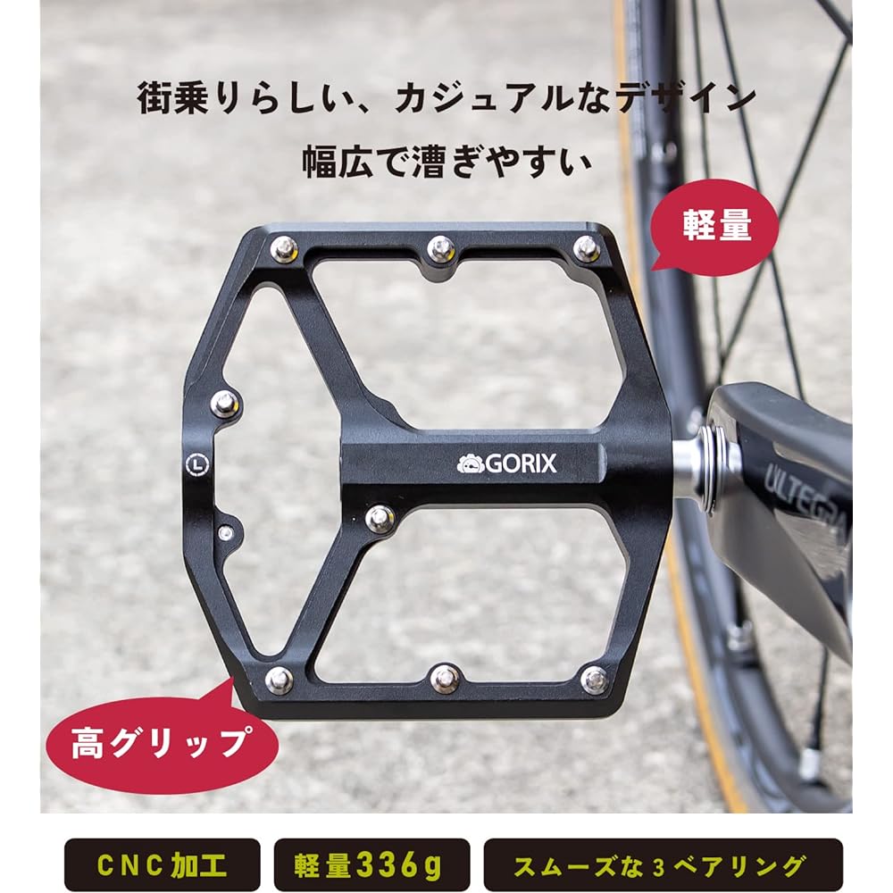 GORIX Bicycle Pedal, Flat Pedal, Lightweight, Aluminum, 3 Bearings, Smooth Rotation, Wide Design, Non-Slip Pin (GX-FY324), Black, Durable, Road Bike, Cross Bike, Mountain Bike and Other Bicycles, Cycle Pedals, Pedal Replacement