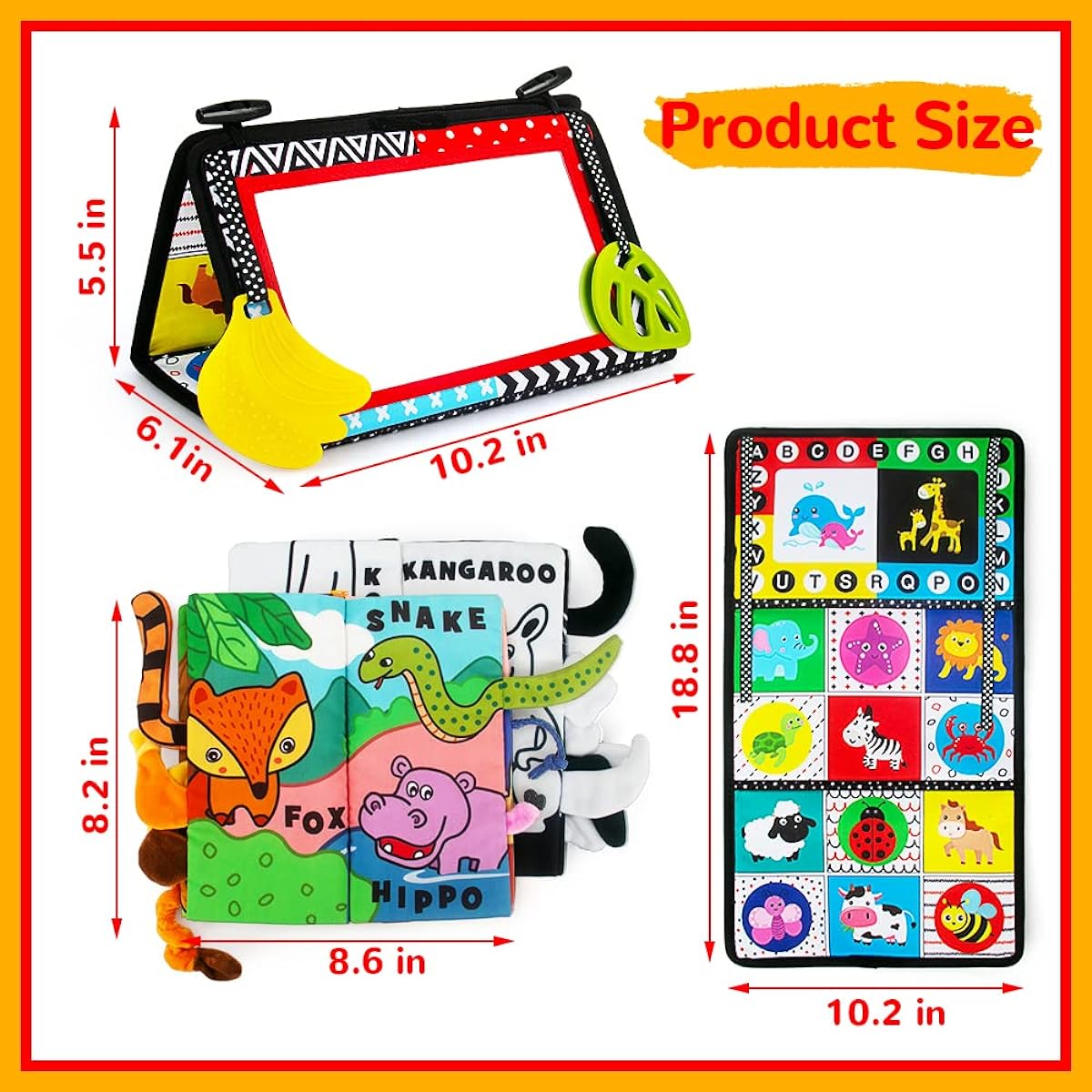 teytoy Tummy Time Mirror Tummy Time Toy with Soft Crinkle 3D Cloth Book and Teething Toys Black and White Sensory Toy High Contrast Newborn Toddler Baby Toys 0-6 Months Decoration