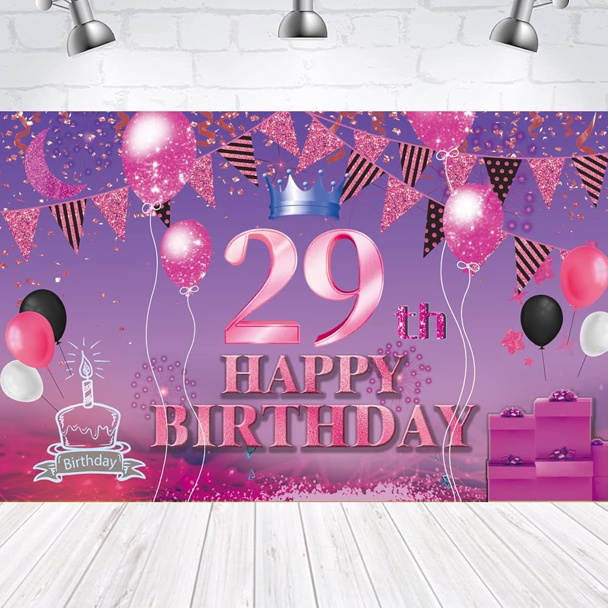 Happy 29th Birthday Backdrop Banner Pink Purple 29th Sign Poster 29 Birthday Party Supplies Anniversary Photo Booth Photography Background Birthday Party Decorations 72.8 x 43.3 Inch