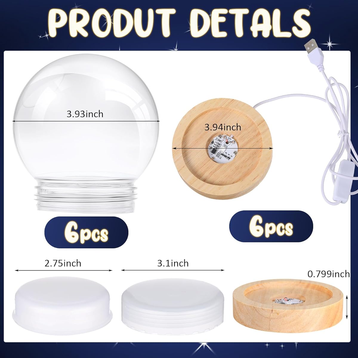 Irenare 12pcs 3.9" DIY Clear Plastic Water Globes Lighted Snow Globes with Wooden Light Display Base LED Display Stand and Screw-Off Caps for DIY Crafts