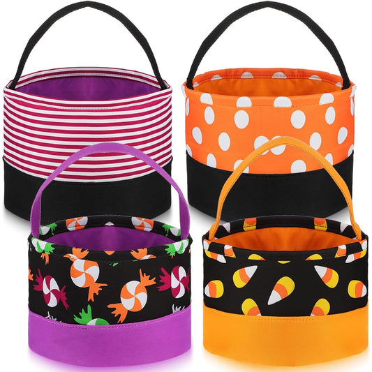 4 Pieces Halloween Trick or Treat Bags Halloween Candy Bucket Tote Bags Present Bags Orange Black Purple Candy Corn White Polka Dot Stripe Halloween Party Favor Bags Halloween Goodies 4 Styles