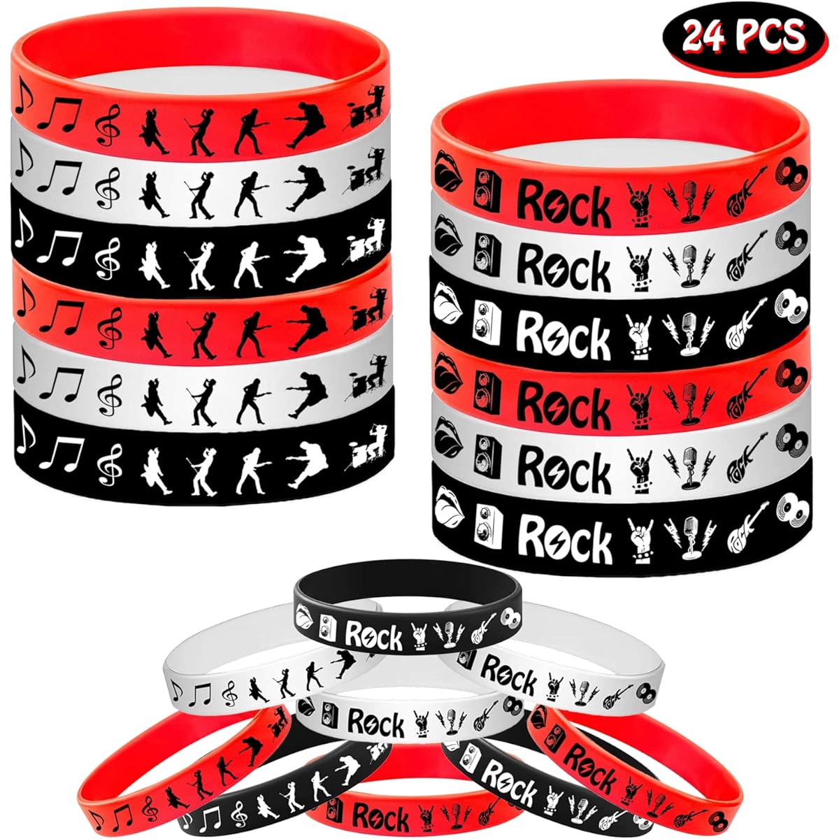 Rock and Roll Rubber Bracelets Slicin' Wristbands 24pcs 80s 90s Party Supplies Musician Guitar Rap Birthday Baby Shower Party Favors