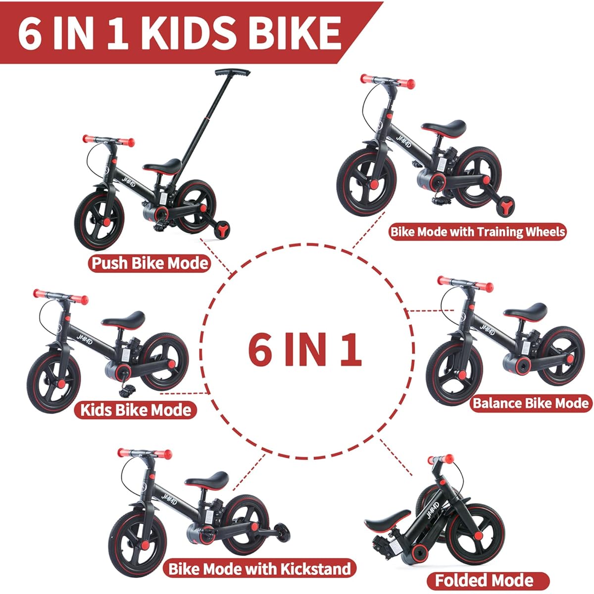 JMMD Toddler Bike with Push Handle for Kids 18 Months to 5 Years Old 6-in-1 Push Bike with Training Wheels & Pedals Balance Bike with Brake & Kickstand