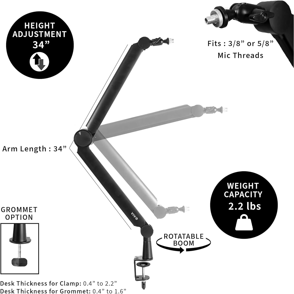 VIVO Premium Broadcast/Podcast Microphone Boom Arm Stand with 3/8" and 5/8" Thread Adapter Heavy Duty Desk Mount Professional Microphone Stand 360 Degree Rotation Black STAND-MIC02