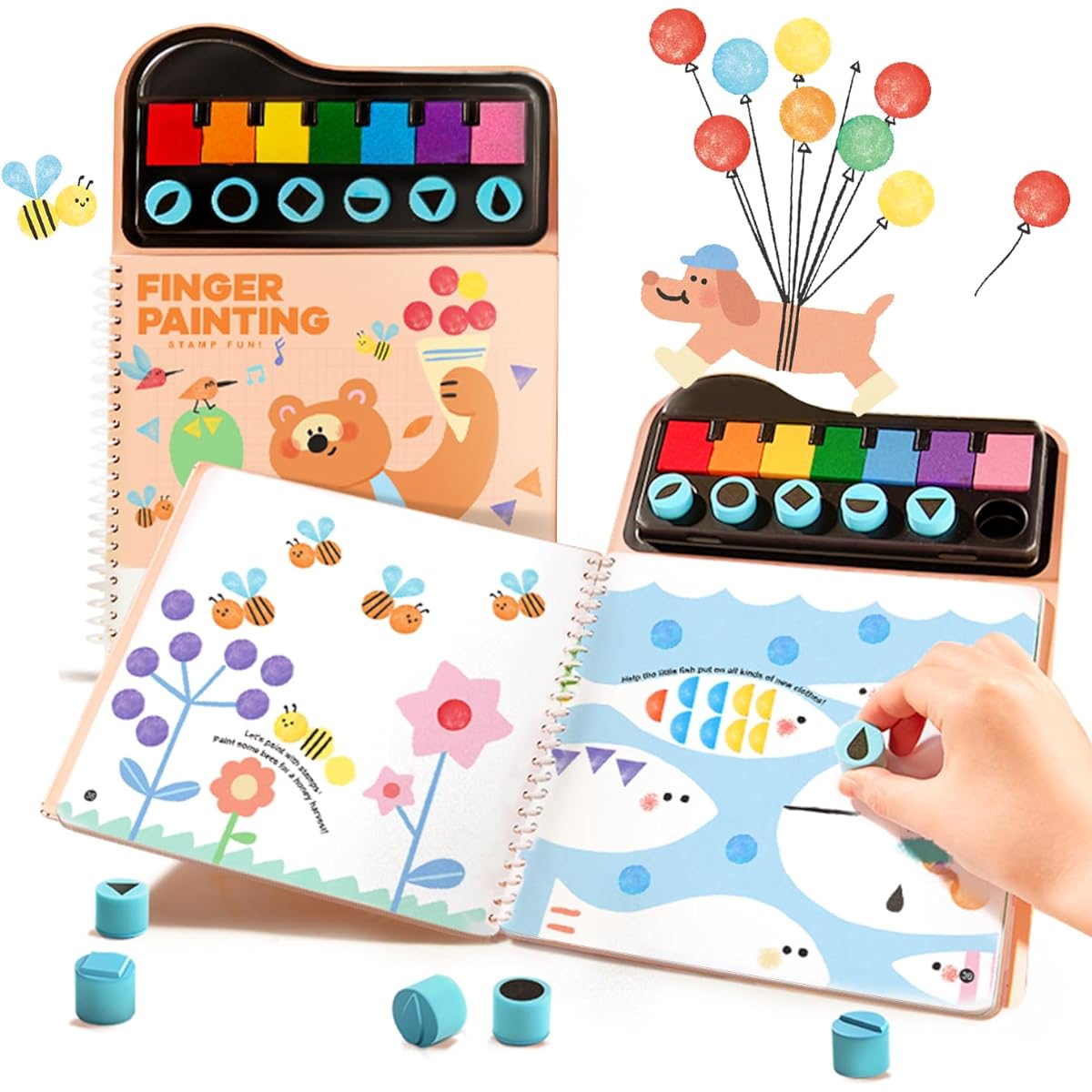 MIROLA KIDS Finger Painting Kit with Stamps & Coloring Book, 7 Colors Non-Toxic Fingerprint Painting Book Kids Learning Educational Activities