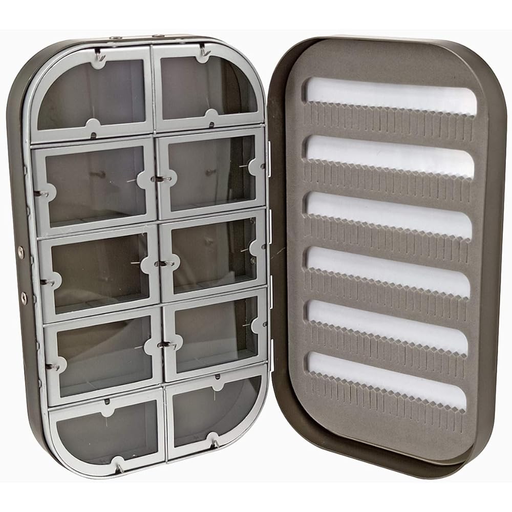 Aventik Aluminum Fly Fishing Box Slit Foam Compartment Easy-Grip Fly Jig Lure Box Ice Fishing Box 6.1x3.7x1.1 inch (15.5x9.5x2.7cm) (Gunsmoke-10WC)